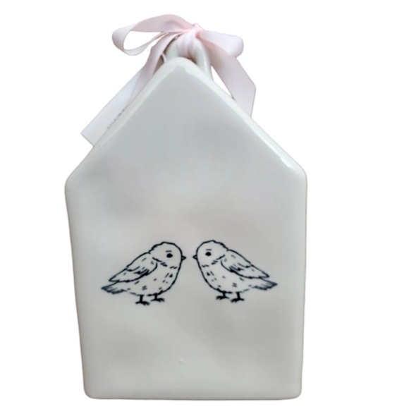 Rae Dunn Mama Bird Birdhouse w/Pink Ribbon & Two Bird Decals 5" D, 7.5" H, 5" W - Picture 4 of 7